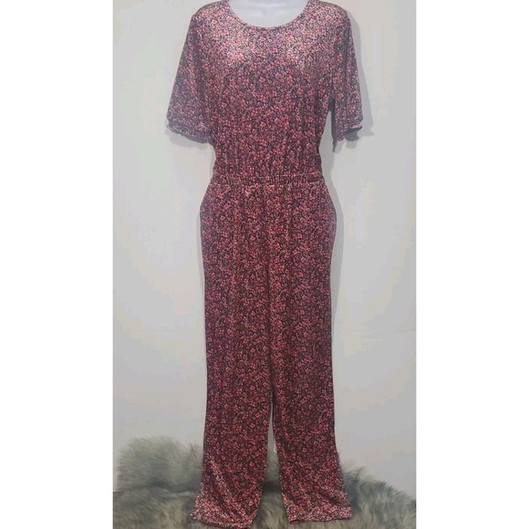 Old Navy Med Pink Floral Velour Short Puff Sleeve Stretchy Keyhole Back Jumpsuit - Picture 1 of 10